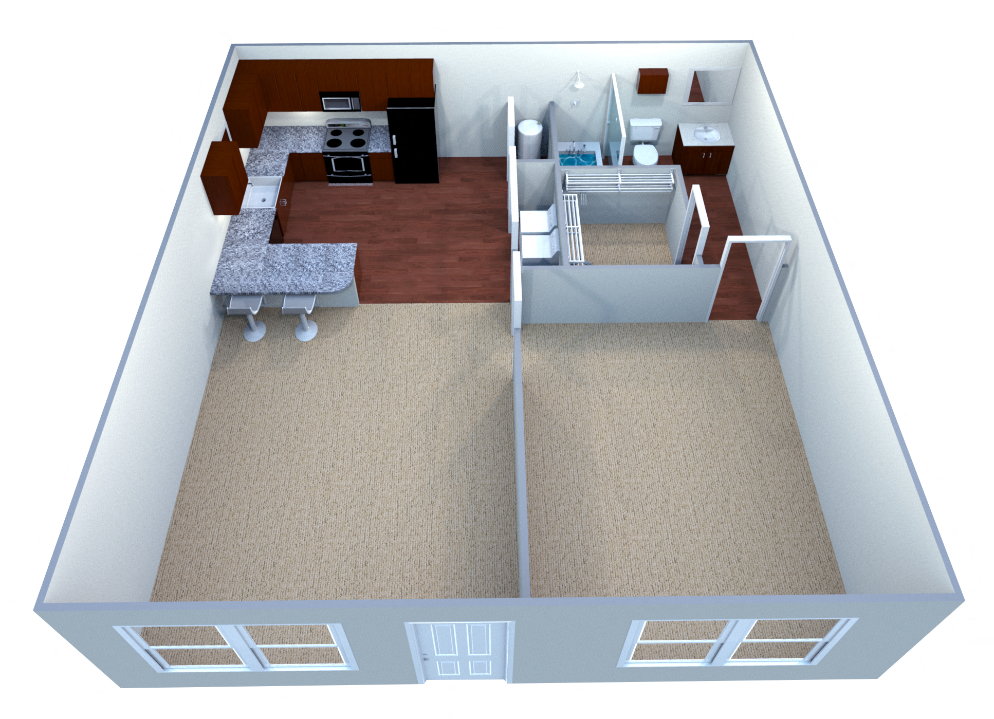 Floor plan for 1 bed, 1 bath, 665 sqft